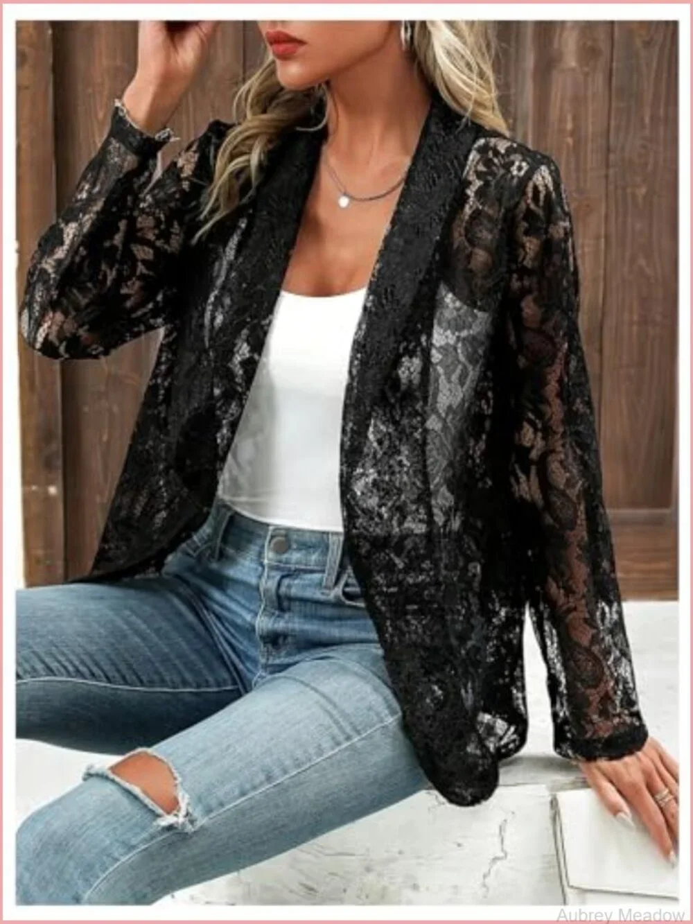 Lace Open Front Long Sleeve Sheer Casual Blazer Jacket